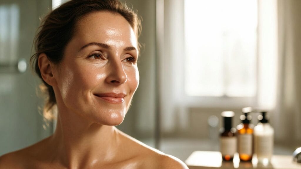 Mulher com pele radiante e saudável realizando sua rotina de skincare minimalista no banheiro.