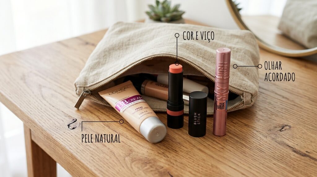 Infográfico mostrando o kit básico de maquiagem: BB Cream, Blush em bastão e Máscara de cílios.)