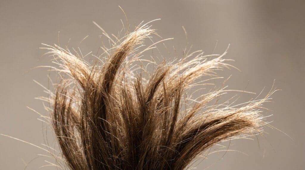 Cabelo poroso e com frizz nas pontas, demonstrando o aspecto espigado causado pelo ressecamento.)