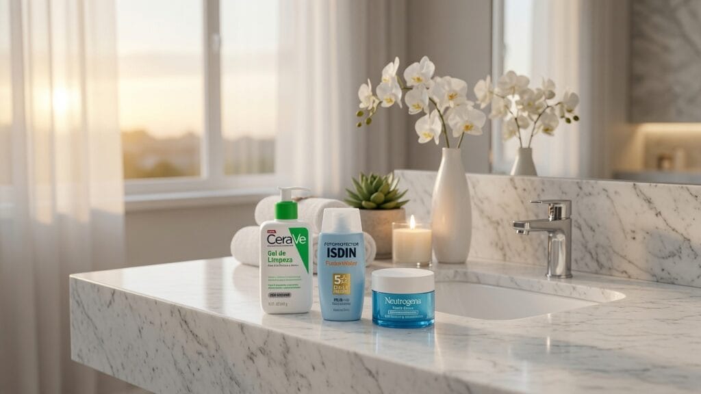 produtos essenciais para uma rotina de skincare básica e eficiente: Gel limpeza facial, hidratante e protetor solar.