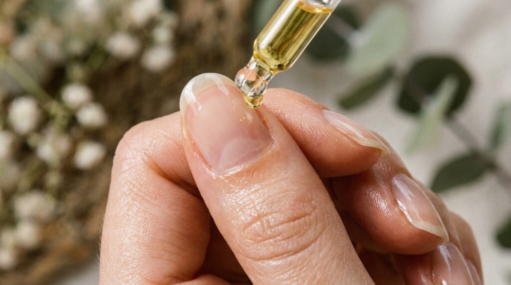 Unhas naturais fortes e saudáveis recebendo hidratação profunda com óleo de cutículas.