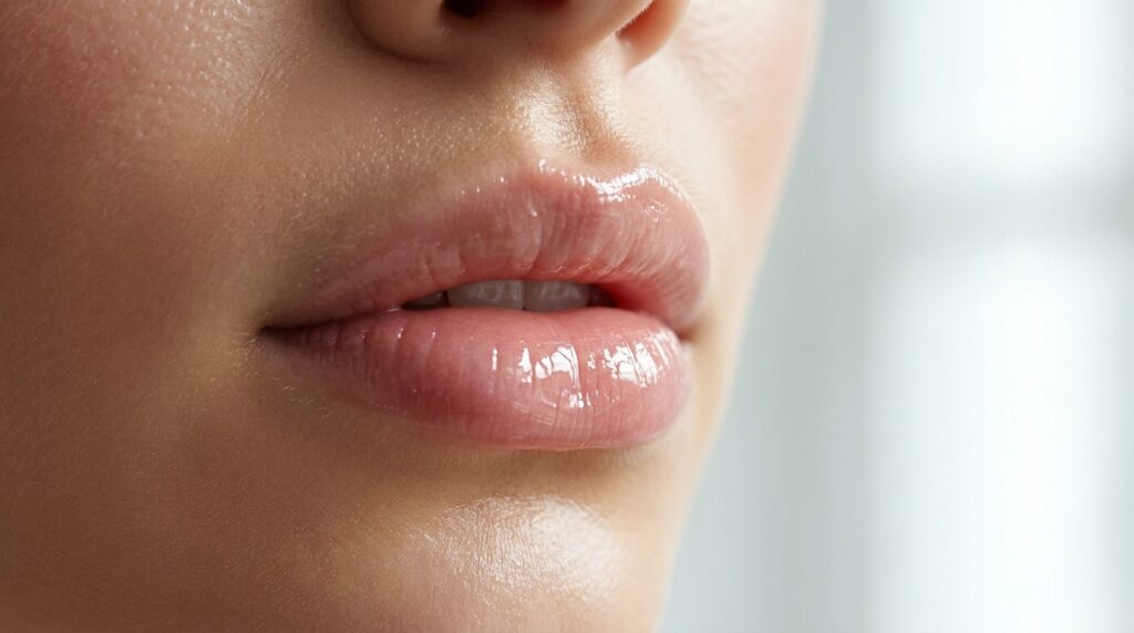 Lábios femininos com acabamento super hidratado e volumoso, demonstrando o resultado de uma rotina de lip care sem procedimentos.