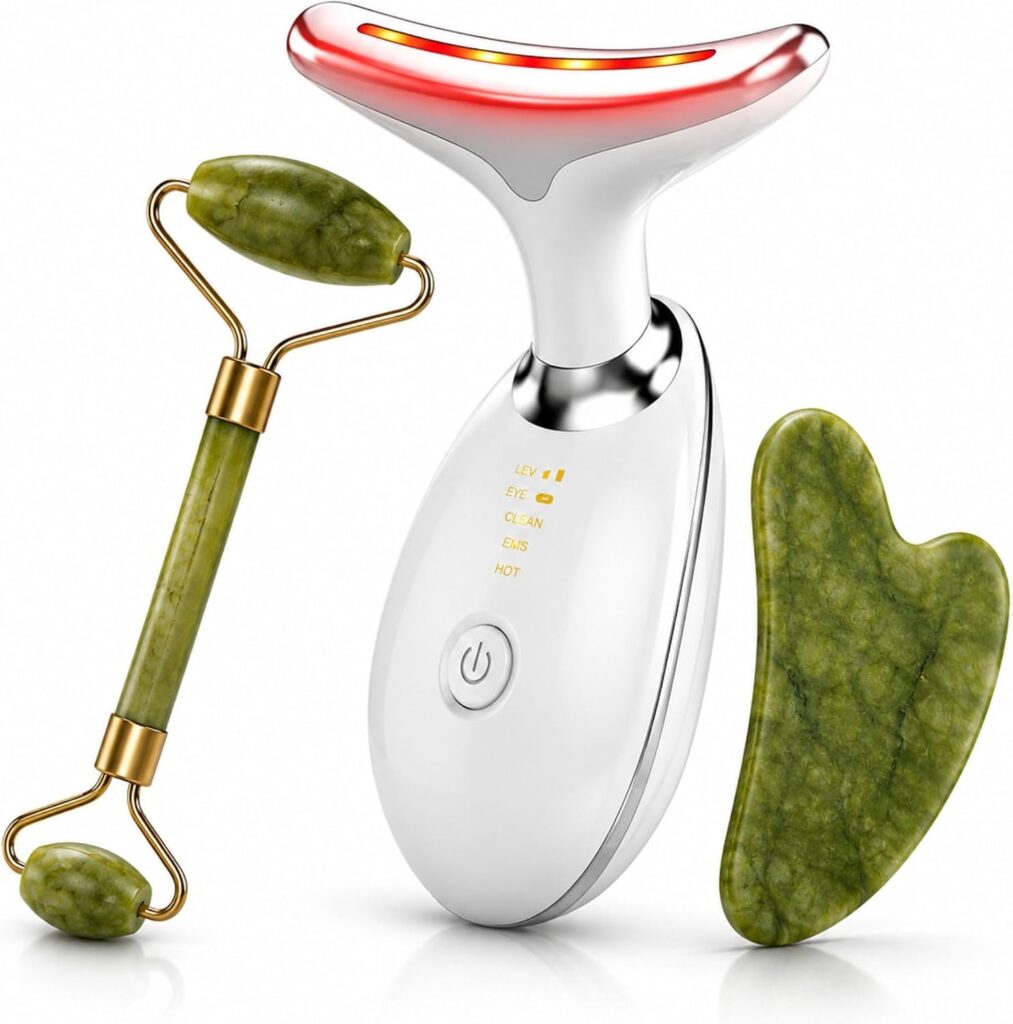 Kit Massageador Facial LED 7 Cores EMS Aquecimento Vibração + Rolo Jade Gua Sha Natural - Anti Rugas Lifting Redução Papada