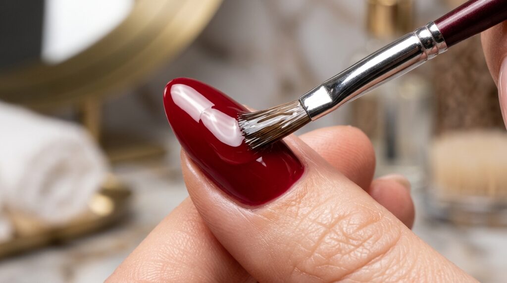 Pincel de manicure aplicando uma camada grossa de top coat extra brilho com efeito gel sobre a unha esmaltada.
