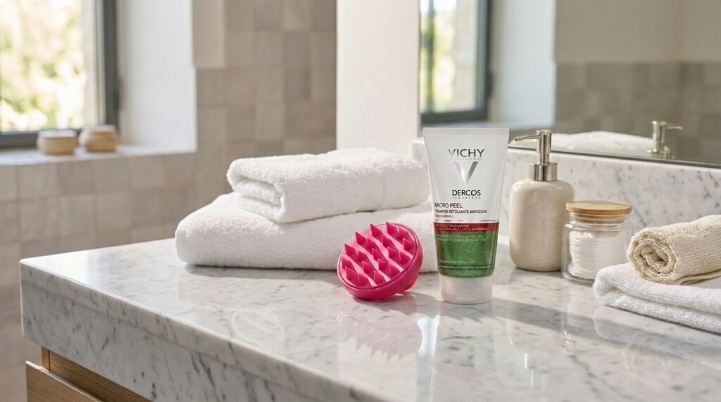 Escova massageadora de silicone rosa ao lado de um frasco de shampoo detox sobre uma bancada de mármore.