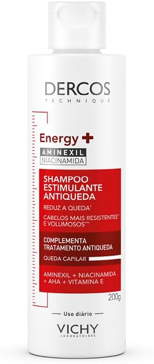 Vichy Dercos Energy+ Shampoo Antiqueda Estimulante com Aminexil 1.5%, Niacinamida e Vitamina E, +47% Fios Fortalecidos e +19% de Densidade Capilar, 200g