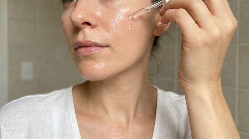 Mulher aplicando sérum facial adequado ao seu tipo de pele, garantindo hidratação e viço natural sem efeito rebote.