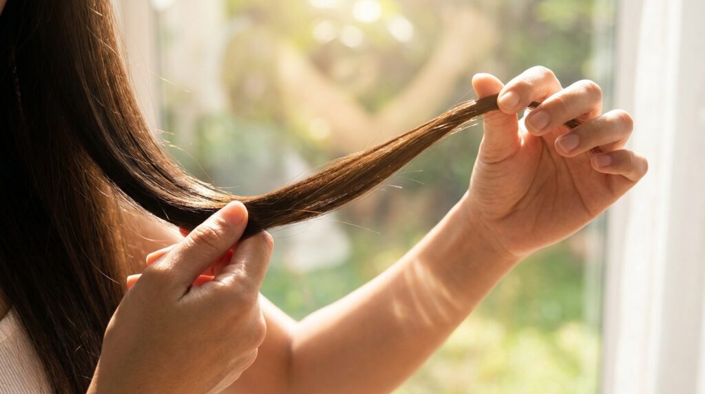 Teste de elasticidade e força em um fio de cabelo saudável, longo e brilhante após tratamento de reconstrução.