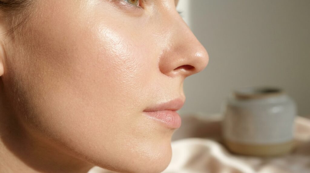 Mulher elegante com pele lisa e radiante após remover os pontinhos pretos do nariz com o método coreano.