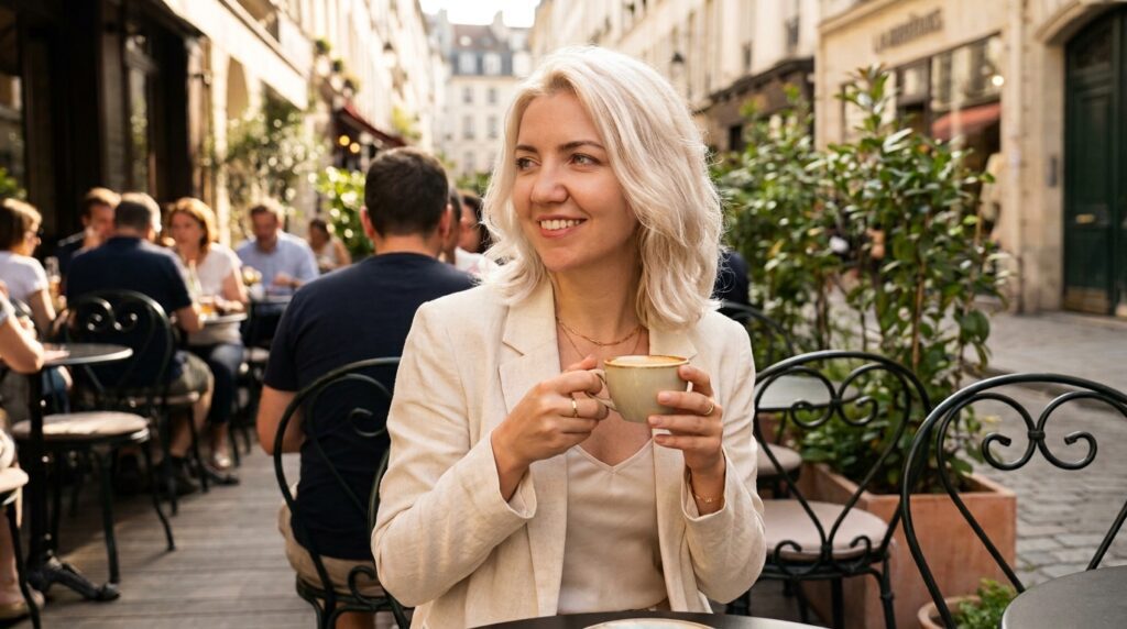A foto da mulher sorrindo no café, tomando sol, com aquele loiro champagne/baunilha deslumbrante e cheio de vida