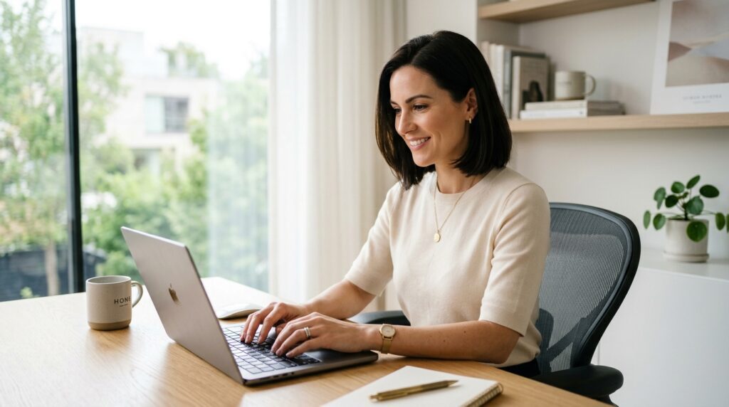 Mulher elegante trabalhando no notebook com postura reta e sorrindo após melhorar o foco e a concentração nos estudos.