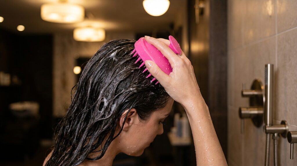 Mulher de olhos fechados massageando o couro cabeludo no banho com escova de silicone para limpar a raiz do cabelo.