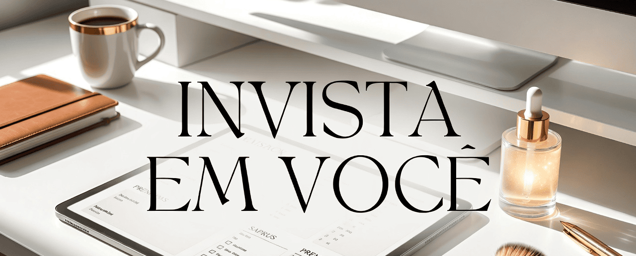 Banner categoaria Invista em você. Mesa com tablet, cafe, em uma escrivaninha branca, clima de apredizado.