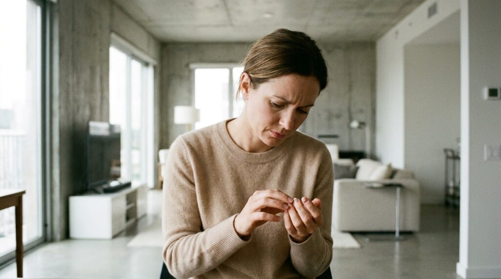 Mulher com expressão sutil de frustração, vestindo um suéter de cashmere impecável, observando uma unha descamando em um ambiente sofisticado e minimalista.